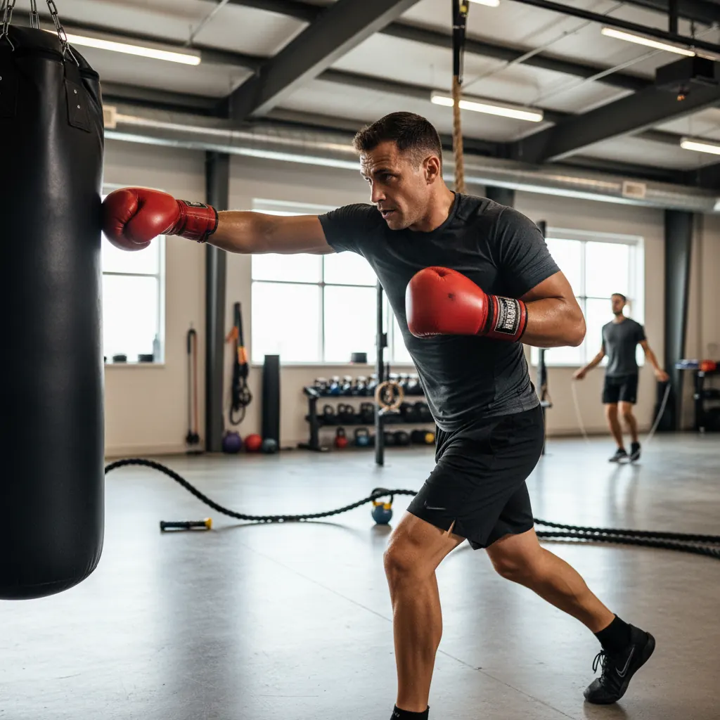Man hitting a heavy bag during a boxing circuit workout