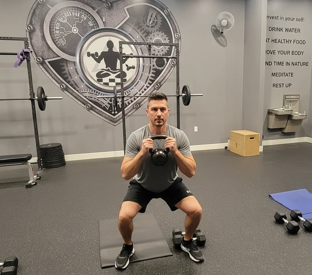 Member doing a kettlebell goblet squat with coaching at Fit Factory