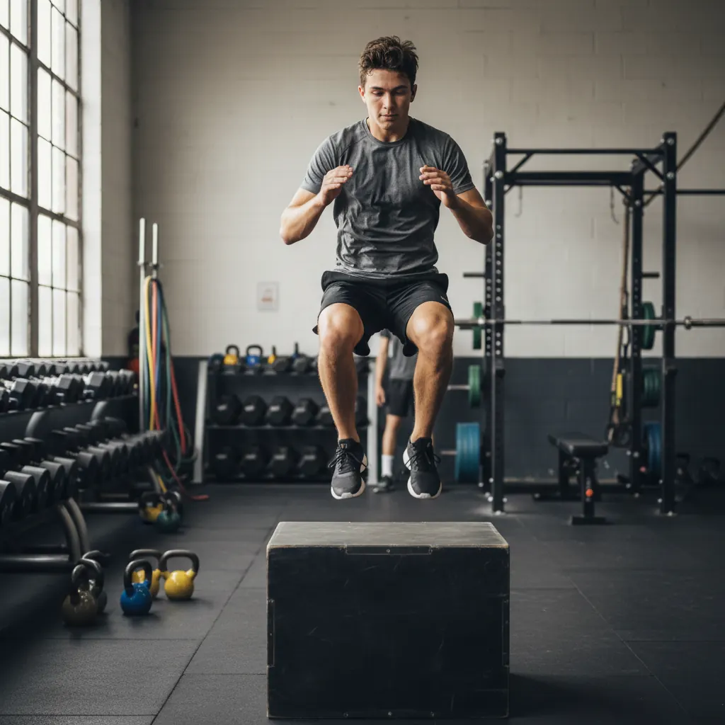 Athlete doing a box jump in a training gym